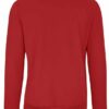 A red sweater, 100% polyester fleece, featuring a brushed fleece inner for softness, self-fabric hem and cuffs, and stylish V-stitch at the crewneck, designed for warmth and layering