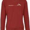 A red sweater, 100% polyester fleece, featuring a brushed fleece inner for softness, self-fabric hem and cuffs, and stylish V-stitch at the crewneck, designed for warmth and layering
