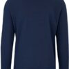 A navy sweater, 100% polyester fleece, featuring a brushed fleece inner for softness, self-fabric hem and cuffs, and stylish V-stitch at the crewneck, designed for warmth and layering