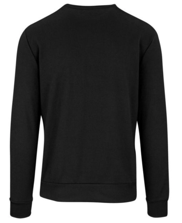 A black sweater, 100% polyester fleece, featuring a brushed fleece inner for softness, self-fabric hem and cuffs, and stylish V-stitch at the crewneck, designed for warmth and layering