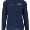 A navy sweater, 100% polyester fleece, featuring a brushed fleece inner for softness, self-fabric hem and cuffs, and stylish V-stitch at the crewneck, designed for warmth and layering