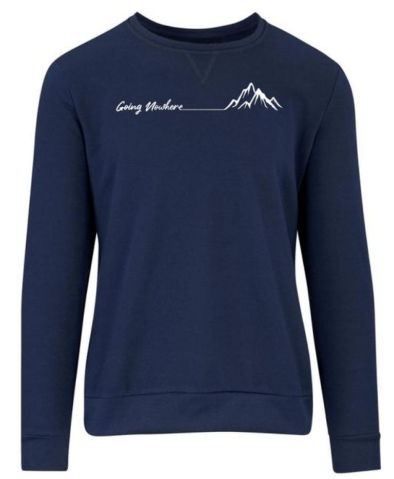 A navy sweater, 100% polyester fleece, featuring a brushed fleece inner for softness, self-fabric hem and cuffs, and stylish V-stitch at the crewneck, designed for warmth and layering