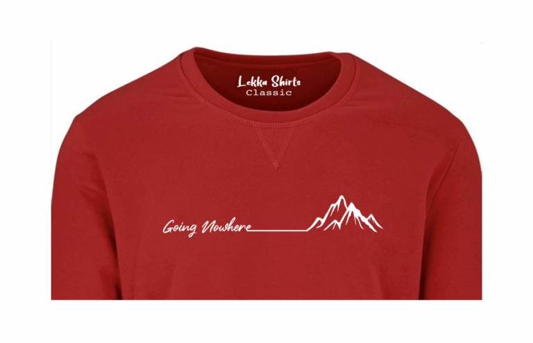 A red Going Nowhere Lekka Shirts Classic sweater, 100% polyester fleece, featuring a brushed fleece inner for softness, self-fabric hem and cuffs, and stylish V-stitch at the crewneck, designed for warmth and layering