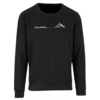 A black sweater, 100% polyester fleece, featuring a brushed fleece inner for softness, self-fabric hem and cuffs, and stylish V-stitch at the crewneck, designed for warmth and layering