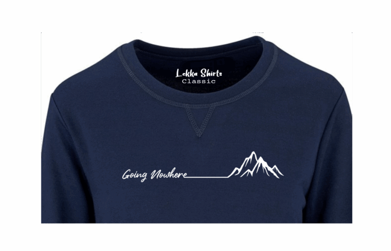A navy Going Nowhere Lekka Shirts Classic sweater, 100% polyester fleece, featuring a brushed fleece inner for softness, self-fabric hem and cuffs, and stylish V-stitch at the crewneck, designed for warmth and layering